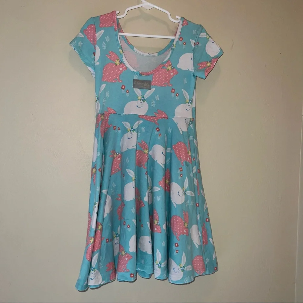 Eleanor Rose 6/7 Aqua Bunny Print Short Sleeve Easter Dress